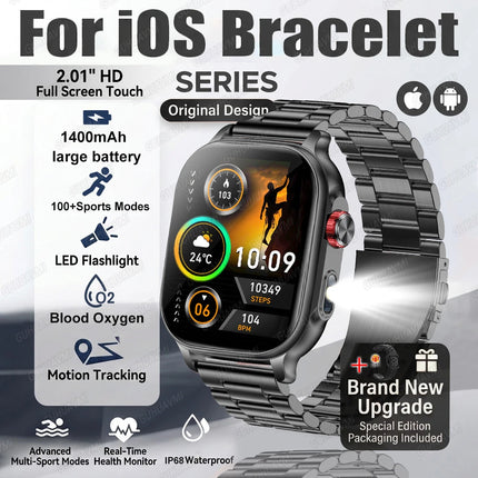 2026New Smart Watch Fitness Clock Men 2.01" AMOLED Screen 1400mAh 130+ Days Battery Life Flashlight Call Waterproof Smartwatches