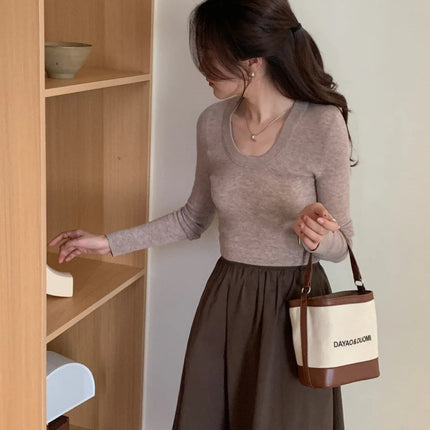 100% 48 count wool U-neck Ultra-fine Merino Wool Shirt for Women's Slim and Thin Bottoming Shirt for Women's Autumn and Winter PlatiNum
