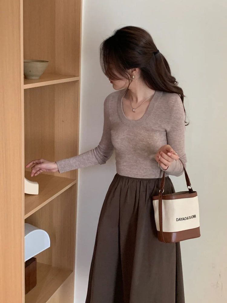 100% 48 count wool U-neck Ultra-fine Merino Wool Shirt for Women's Slim and Thin Bottoming Shirt for Women's Autumn and Winter PlatiNum