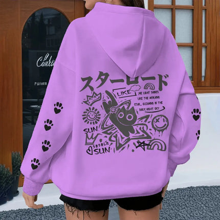 Japanese Style Cat Print Hoodies Women Men Harajuku Animal Streetwear Vintage Kitten Design Y2K Sudaderas