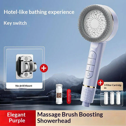 Soffione doccia autopulente a 4 modalità con spazzola in silicone, arresto acqua con un tasto, massaggio ad alta pressione, soffione in ABS con filtro