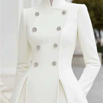 Yeezzi Women's British Style Buttoned Stand Collar Overcoat Midi Dresses Long Sleeves High Waisted Pleated Evening A-line Dress