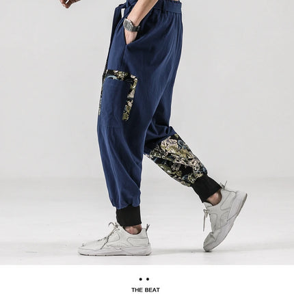 Pantaloni da uomo Costume da samurai giapponese Ukiyo-e Cintura con stampa Pantaloni stile harem da uomo in cotone e lino Pantaloni casual Harajuku da uomo Taglie forti 5XL