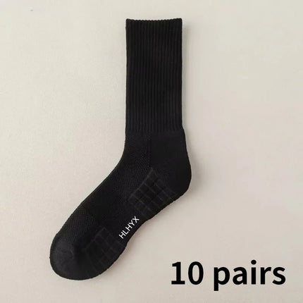 10 paires de chaussettes HLHYX pour homme en coton déodorant, à fond en éponge, mi-mollet, blanches, épaissies, pour le sport et le basket-ball