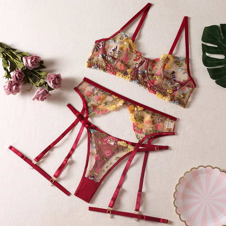 Krasapt Sexy Lace Embroidery 3-Piece Sets Transparent Sensual Fancy Beautiful Bra Brief Set Attractive Intimate Bilizna Outfits