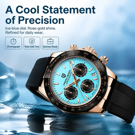 Nuovo Orologio da Uomo PAGANI DESIGN Cronografo di Lusso in Oro Rosa, Quadrante Blu Ghiaccio 40mm, Vetro Zaffiro, Impermeabile 100M, Cinturino in Gomma, Orologio Sportivo Maschile + CONFEZIONE REGALO