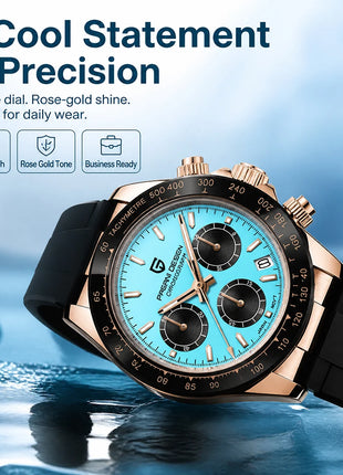 Nuovo Orologio da Uomo PAGANI DESIGN Cronografo di Lusso in Oro Rosa, Quadrante Blu Ghiaccio 40mm, Vetro Zaffiro, Impermeabile 100M, Cinturino in Gomma, Orologio Sportivo Maschile + CONFEZIONE REGALO