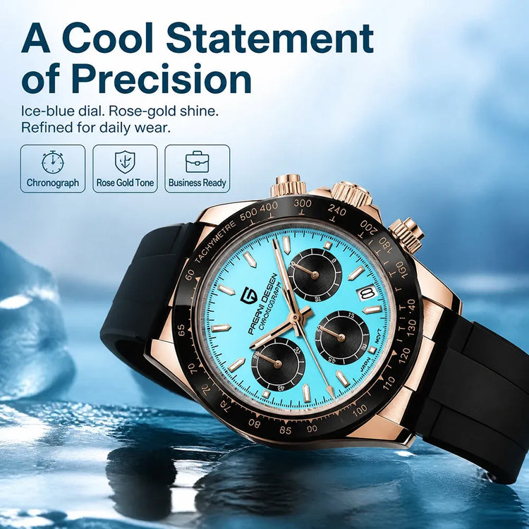 Nuovo Orologio da Uomo PAGANI DESIGN Cronografo di Lusso in Oro Rosa, Quadrante Blu Ghiaccio 40mm, Vetro Zaffiro, Impermeabile 100M, Cinturino in Gomma, Orologio Sportivo Maschile + CONFEZIONE REGALO