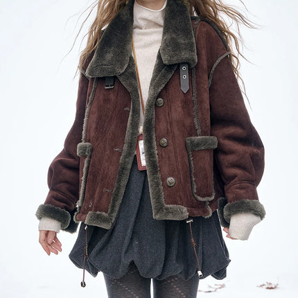 ELFSACK Women's Vintage Suede Plush Winter Coat 2025, Loose Turn-Down Collar Blend Jacket, Casual Versatile Outerwear
