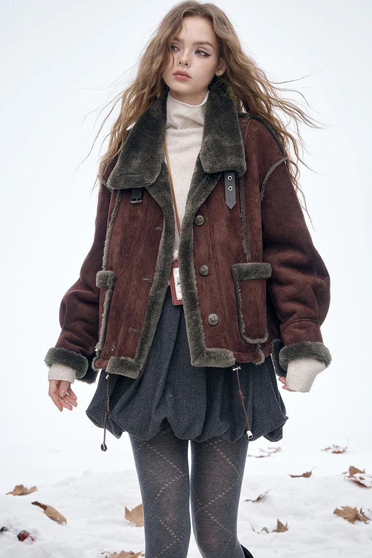 ELFSACK Women's Vintage Suede Plush Winter Coat 2025, Loose Turn-Down Collar Blend Jacket, Casual Versatile Outerwear