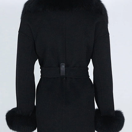 OFTBUY Real Fur Coat Winter Jacket Women Natural Fox Fur Collar Cuffs Belt Cashmere Wool Woolen Ladies Outerwear Streetwear
