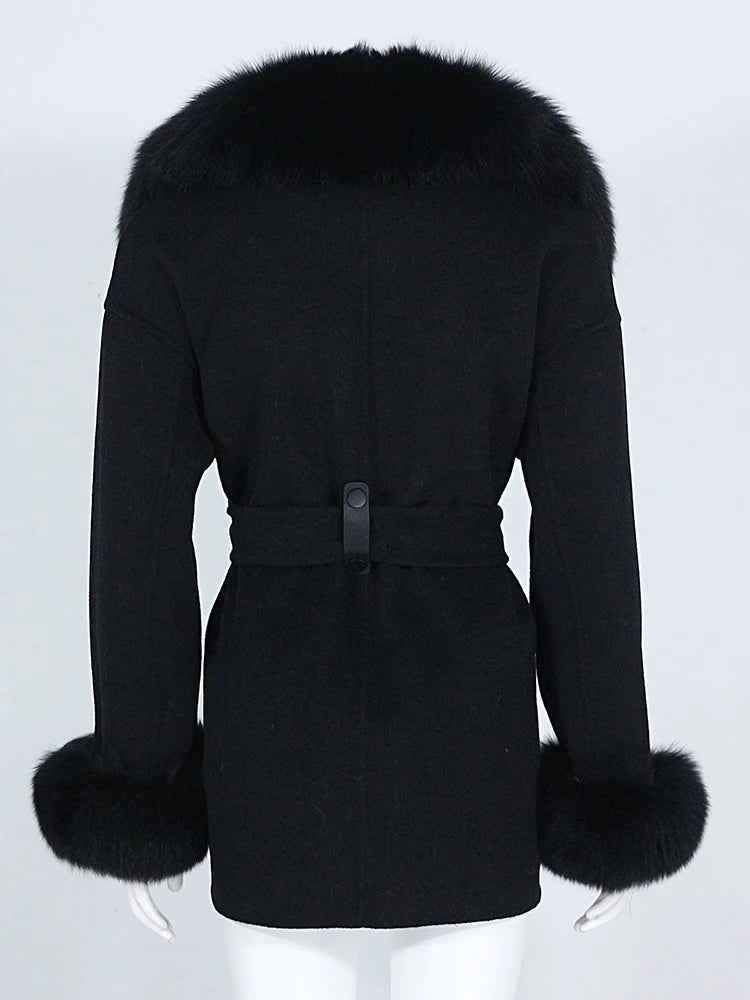 OFTBUY Real Fur Coat Winter Jacket Women Natural Fox Fur Collar Cuffs Belt Cashmere Wool Woolen Ladies Outerwear Streetwear