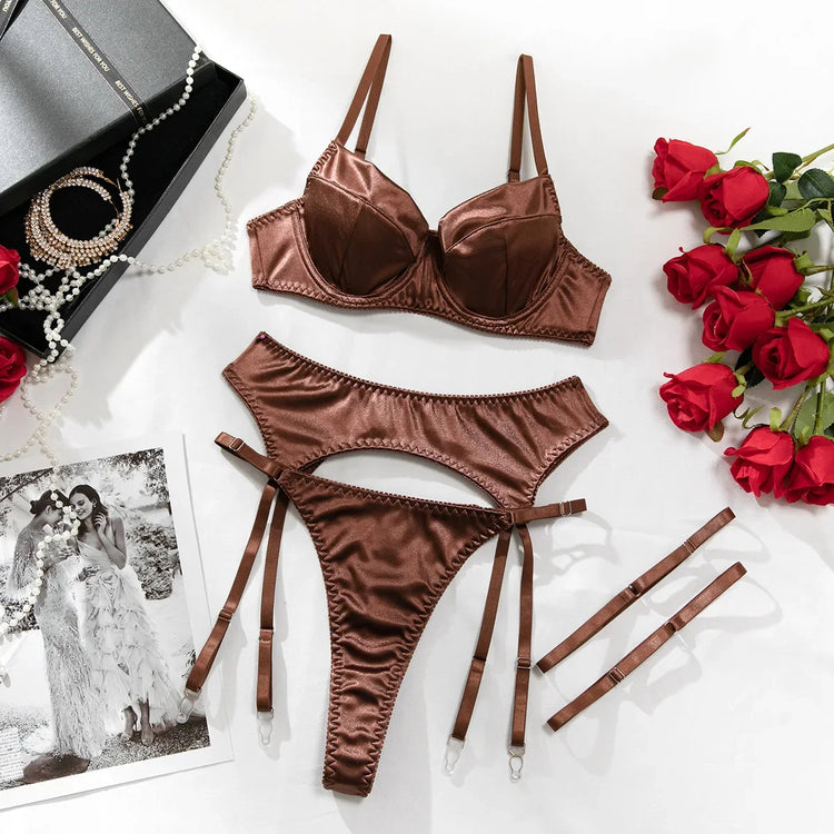 Ellolace Elegant Women's Lingerie Sets Premium Satin Solid Bra 5PC Sexy Daily Youth Hot Girl's Underwear Private Party Costume