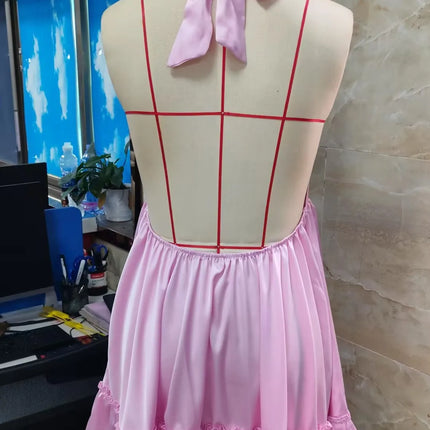 Women's silk satin halter neck and tie-front dress, backless, ruffled hem, short, mini, flowing, sleeveless, button-up, A-line, sundress style