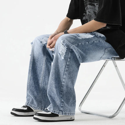 Jeans strappati estivi da uomo Gamba dritta ampia Retro da uomo Disegna corda Porta Pantaloni casual tutto-fiammifero di marca di moda