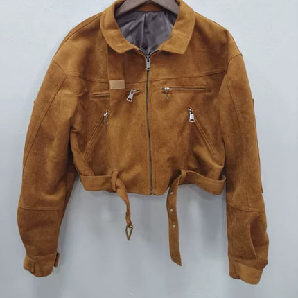 Brown Suede Leather Short Coats Women Solid Stand Collar Zipper Waist Belted Cropped Jackets 2026 Lady Autumn Y2k Casual Outwear