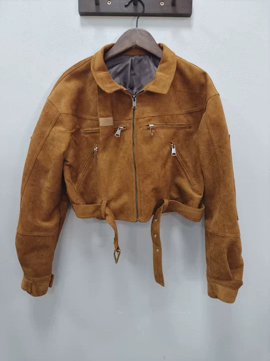 Brown Suede Leather Short Coats Women Solid Stand Collar Zipper Waist Belted Cropped Jackets 2026 Lady Autumn Y2k Casual Outwear
