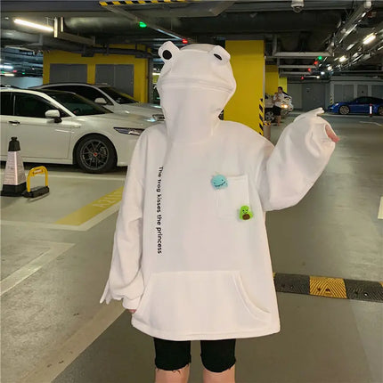 Y2K Autumn Winter Unisex Cartoon Frog Fleece Hoodies Loverly Zipper Loose Warm Sweatshirt Full Sleeve Harajuku Hooded Jackets