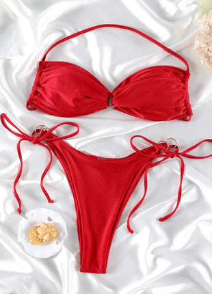 Set Bikini a Fascia da Donna con Pieghe, Costume da Bagno Sexy con Laccetti, Bikini Brasiliano con Bendaggio, Abbigliamento da Spiaggia platinumshop