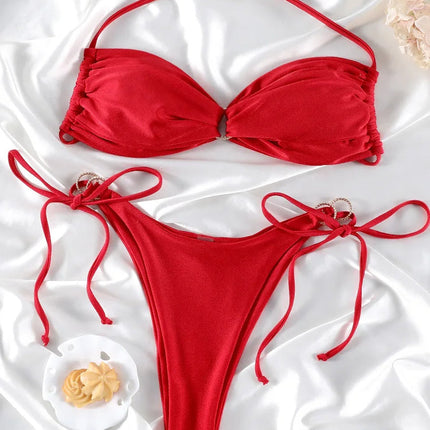 Set Bikini a Fascia da Donna con Pieghe, Costume da Bagno Sexy con Laccetti, Bikini Brasiliano con Bendaggio, Abbigliamento da Spiaggia platinumshop