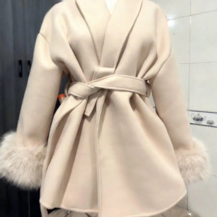 Women's Woolen Coat with Faux Fur Cuffs Belted Waist Short Autumn Winter Wrap Jacket