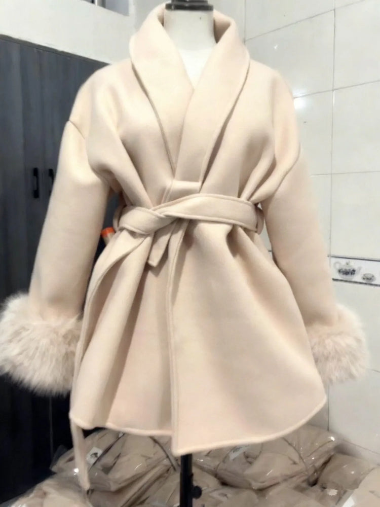 Women's Woolen Coat with Faux Fur Cuffs Belted Waist Short Autumn Winter Wrap Jacket