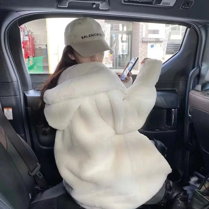 Cosy Loose Faux Fur Coat Womens Faux Fur Fuzzy Hooded Fluffy Ears Surcoat Overcoat Woman Winter Warm Outerwear Snowy Day Wrap