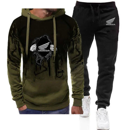 2025 Spring And Autumn Man's Honda Logo Racing Motorcycle Logo Print High Street Gradient Color Hoodies Pants Suits PlatiNum