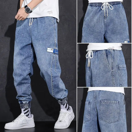 Loose Elastic Waist Denim Jeans for Men 2024 Fashion Casual Spring Workwear Foot-Tied Pants with Brand Workwear Baggy Trousers PlatiNum