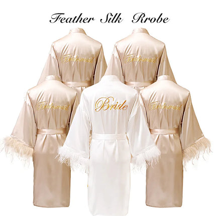 Donna piuma sposa damigella d'onore abito da sposa raso Kimono accappatoio abito da notte ricamo lettera camicia da notte scollo a v Lingerie