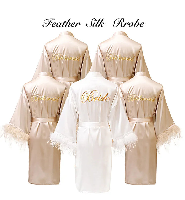 Donna piuma sposa damigella d'onore abito da sposa raso Kimono accappatoio abito da notte ricamo lettera camicia da notte scollo a v Lingerie