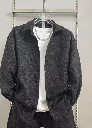 New Spring and Autumn Men's Casual Suit Lapel Jacquard Shirt Trousers Two-piece Set Comfortable Loose PlatiNum