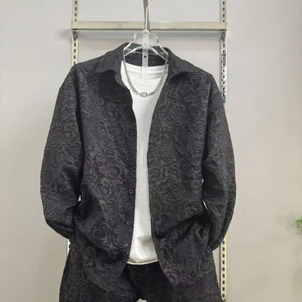 New Spring and Autumn Men's Casual Suit Lapel Jacquard Shirt Trousers Two-piece Set Comfortable Loose PlatiNum
