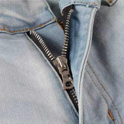 Men Pale Light Blue Biker Jeans Cracked Pleated Patch Patchwork Stretch Denim Pants Streetwear Holes Ripped Skinny Trousers PlatiNum