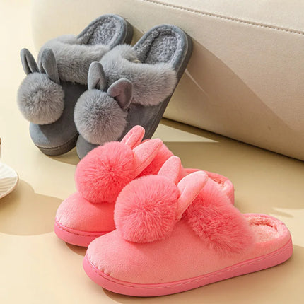 Thick Sole Winter Plush Slippers Cozy Faux Rabbit Fur Indoor House Shoes for Women & Men Couple Matching Slides with Closed Back