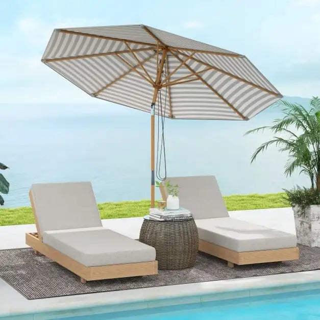 Bamboo Patio Umbrella with Push Button, Polyester Canopy, 8 Rustic Bamboo Ribs, Wind Resistant, Outdoor Sunshade for Garden, Poolside, Beach