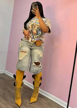 Europe America Summer New High-waisted Loose, Vintage, Ripped Denim Mid-length Straight-leg Wide-leg Pants. Casual Denim Shorts PlatiNum