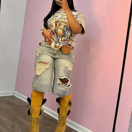 Europe America Summer New High-waisted Loose, Vintage, Ripped Denim Mid-length Straight-leg Wide-leg Pants. Casual Denim Shorts PlatiNum