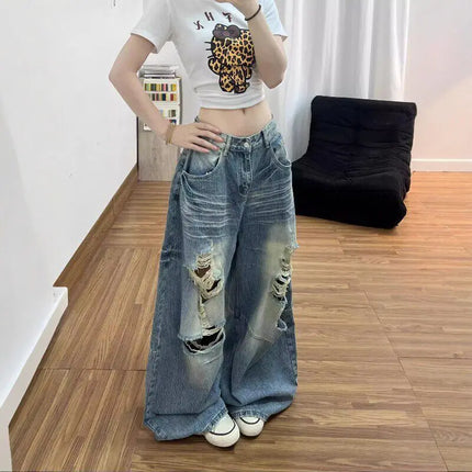 Jeans da donna stile americano vintage lavato con strappi, a gamba larga e dritta, vita alta, lunghezza maxi