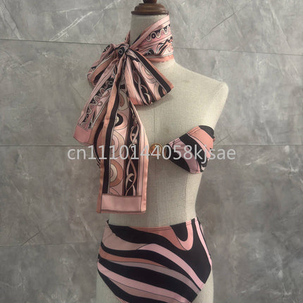 Costumi da bagno di lusso da donna con sciarpa nera e logo firmato, set bikini con fascia per capelli firmata da designer, abbigliamento da spiaggia platinumshop