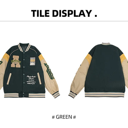 Men's Casual Varsity Jacket Motorcycle Bomber Coat Vintage Letterman Baseball Streetwear Outerwear with Faux Leather Sleeves