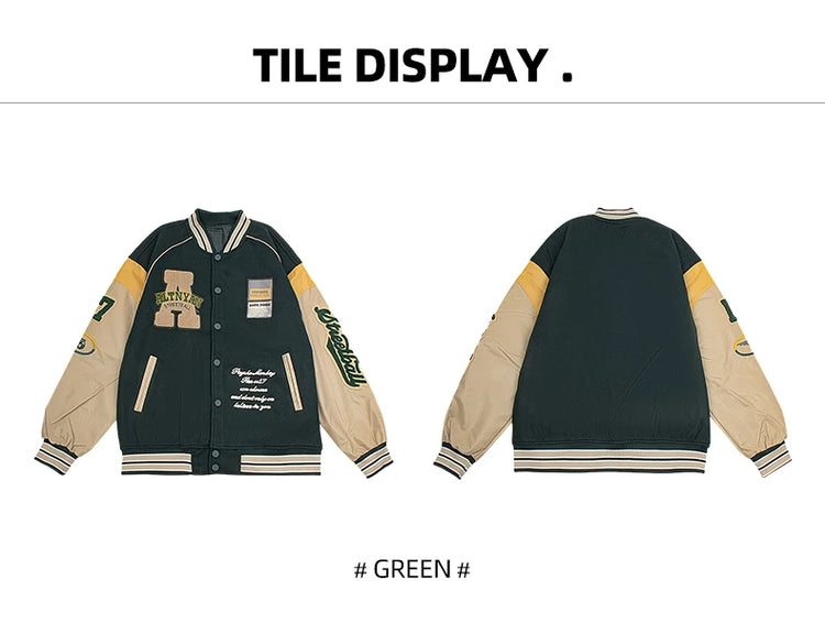 Men's Casual Varsity Jacket Motorcycle Bomber Coat Vintage Letterman Baseball Streetwear Outerwear with Faux Leather Sleeves