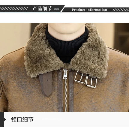 2025 Winter Fur Integrated Leather Jacket Men Thick Velvet Imitation Fur Leather Coat Loose Motorcycle Coat Casual Streetwear