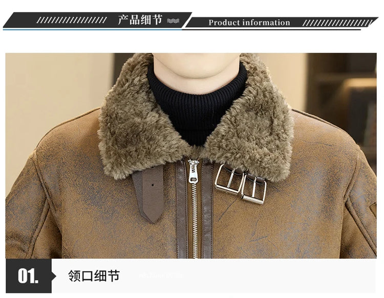 2025 Winter Fur Integrated Leather Jacket Men Thick Velvet Imitation Fur Leather Coat Loose Motorcycle Coat Casual Streetwear