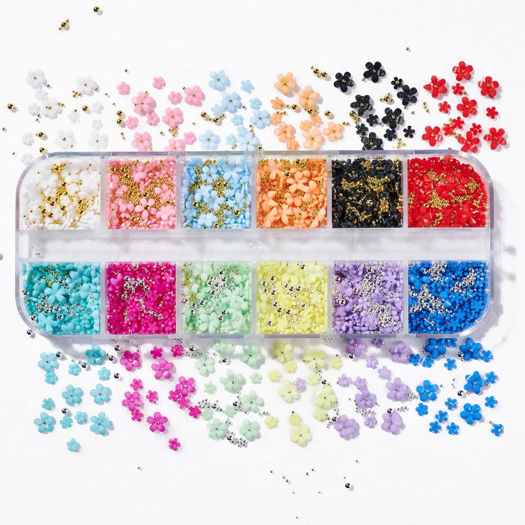 12Grids/Box Mixed Resin Bowknot Nail Charms 3D Colorful Bow Kawaii Rhinestone Nail Art Decorations DIY Manicure Parts Pen Tweeze