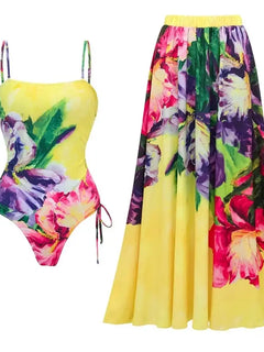 Komplettes Set: Eleganter Damen-Strandüberwurf mit Rüschen, malerischem Druck, für den Sommer, sexy, mit trägerlosem Body und Rock