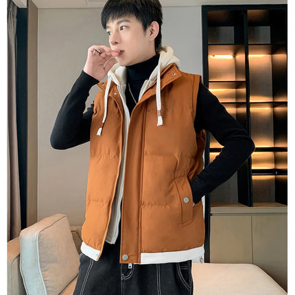 Men Windproof Hooded Vest Men Jacket Sleeveless Vest Winter Jacket Casual Coat Men Down Cotton Warm Thicken Waistcoat Thick Coat
