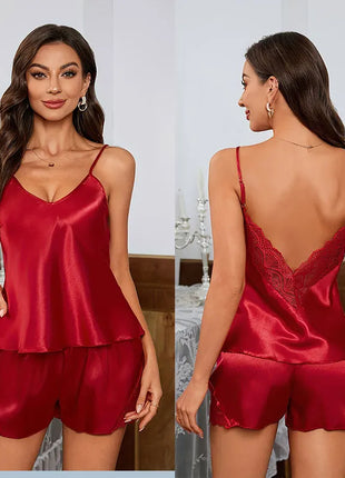 Set di indumenti da notte estivi di lusso in pizzo a V profondo senza schienale sexy Set pigiama in raso morbido per donna Comodo canottiera e pantaloncini a maniche corte