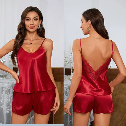 Set di indumenti da notte estivi di lusso in pizzo a V profondo senza schienale sexy Set pigiama in raso morbido per donna Comodo canottiera e pantaloncini a maniche corte
