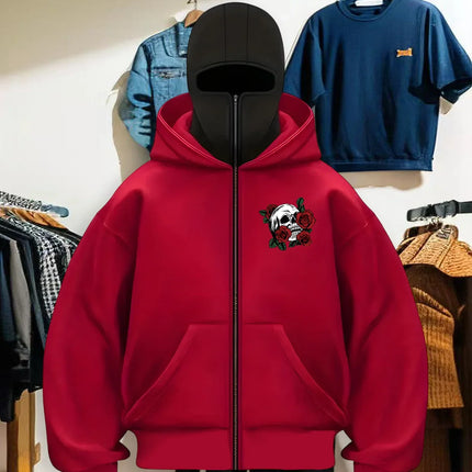 Autumn and winter hooded warm hoodies for men and women, with rose skull pattern printed in a trendy and exquisite style